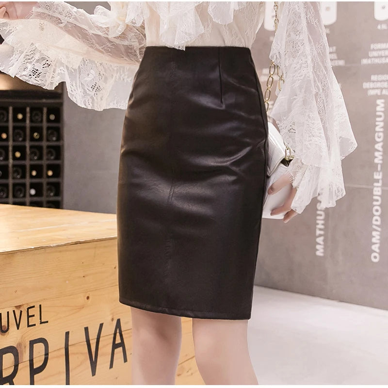 Vintage PU Leather OL Pencil Short Skirts Women High Waist Knee Length Skirts Black Wine Red Slim-Fit Split Bodycon Skirts 2024