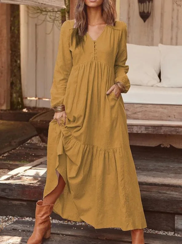 Cotton And Linen Vintage Style Long Dress For Women Casual V Neck Long Sleeve Loose Maxi Dresses Female Elegant Women&