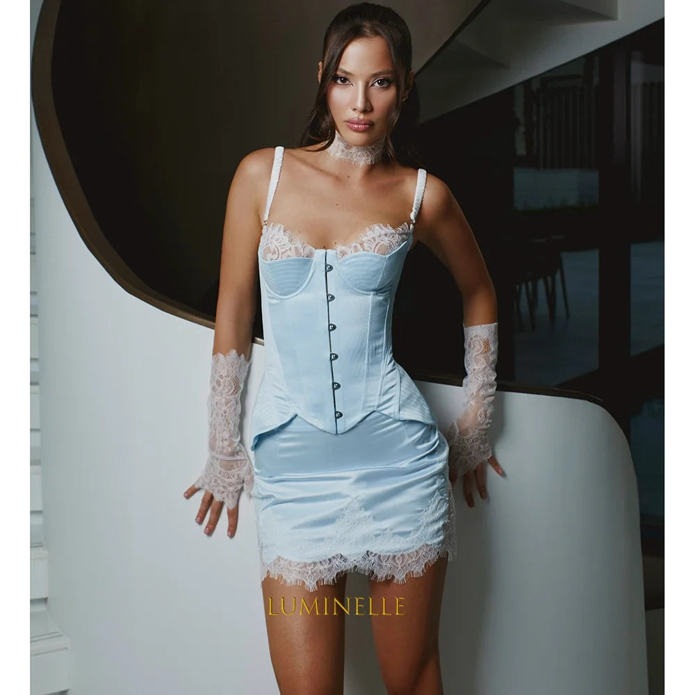 Short Women's Formal Evening Gowns Satin Mini Evening Dress for Women Spaghetti Strap Bodycon Lace Corset Gowns Customized