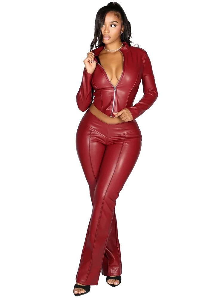 Faux Leather Pu Two 2 Piece Set for Women Fall Winter Fitness Outfits Long Sleeve Zipper Jacket and Pants Set Female Streetwear