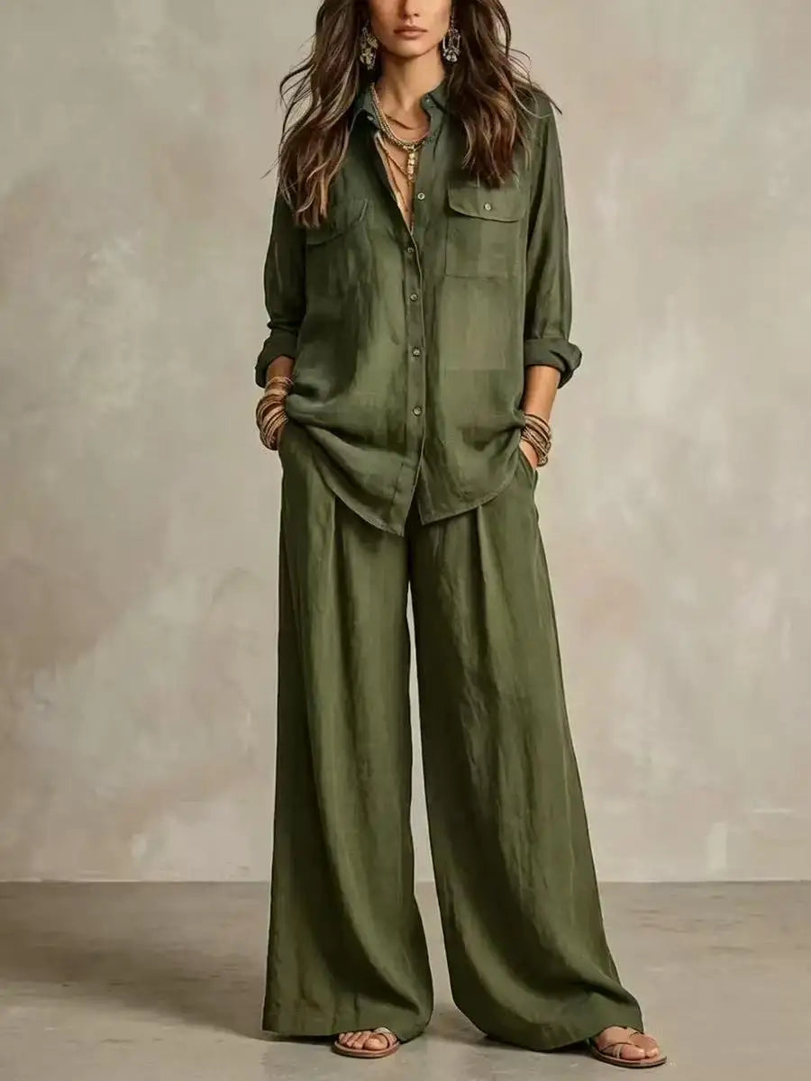 Women Linen Co Ord Set 2 Piece Outfit Long Sleeve Pocket Button Down Shirt High Waist Loose Wide Leg Trousers Boho Casual Vacati