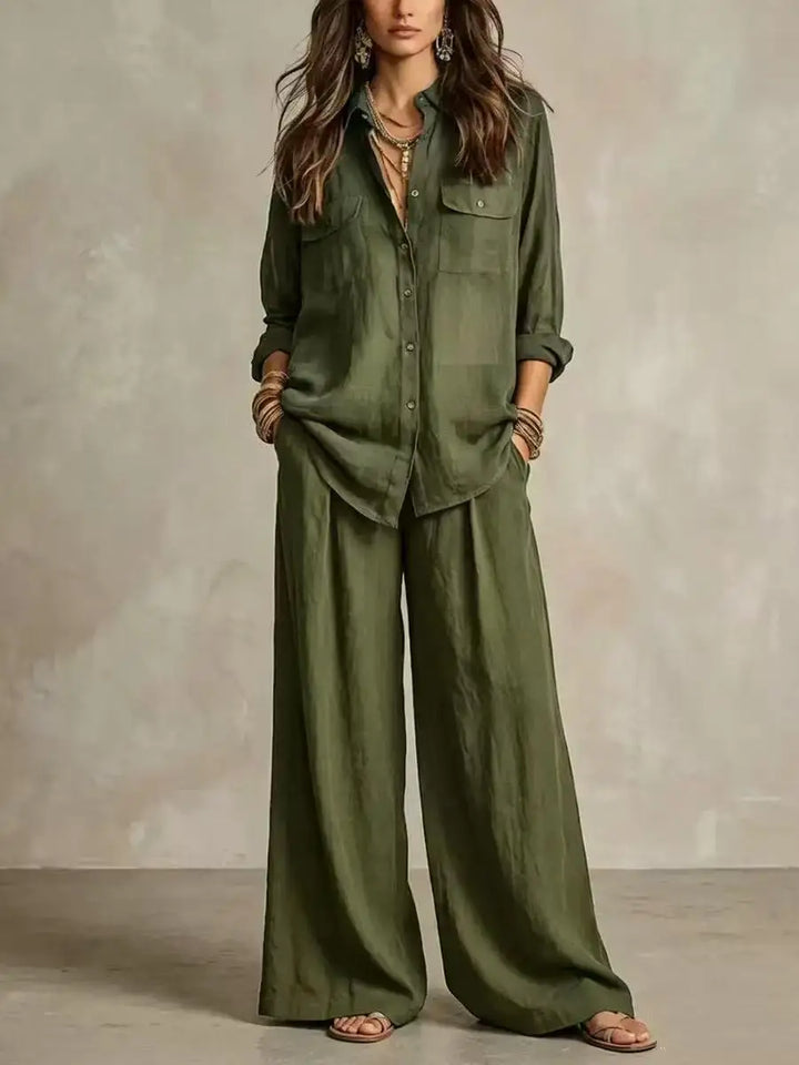 Women Linen Co Ord Set 2 Piece Outfit Long Sleeve Pocket Button Down Shirt High Waist Loose Wide Leg Trousers Boho Casual Vacati