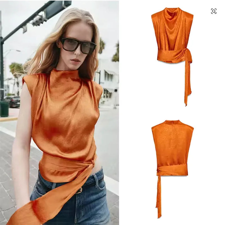 Satin Shawl Collar Sleeveless Crop Top, Women&