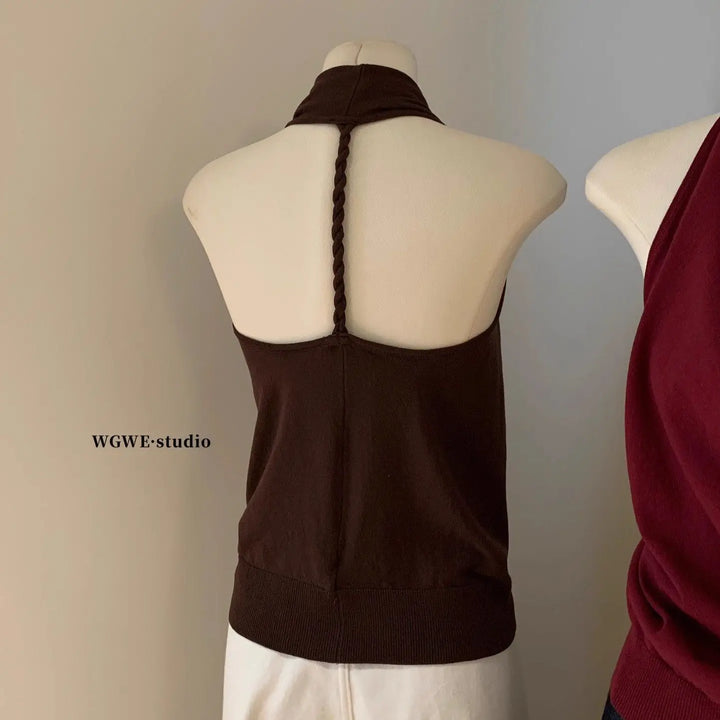 Cowl Neck Elegant Summer Women Top Sleeveless Halter Neck Tank Top Laced Ice Silk Knit Backless Sexy Basic Tees Blouse