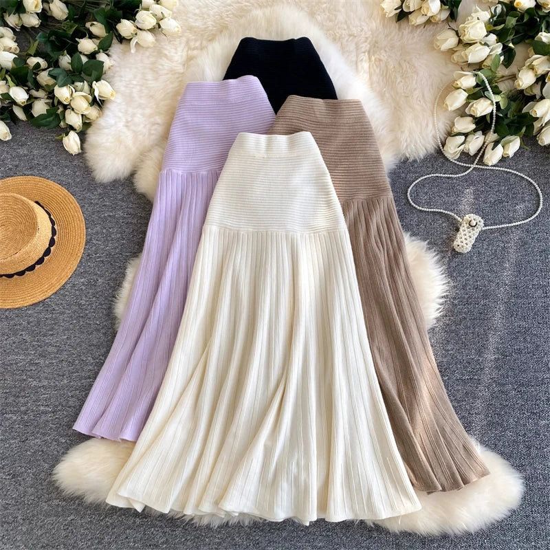 Women Ribbed Knit Pleated Midi Skirt Elastic High Waist A Line Flowy Long Skirt Korean Solid Color Casual Winter Knit Skirts
