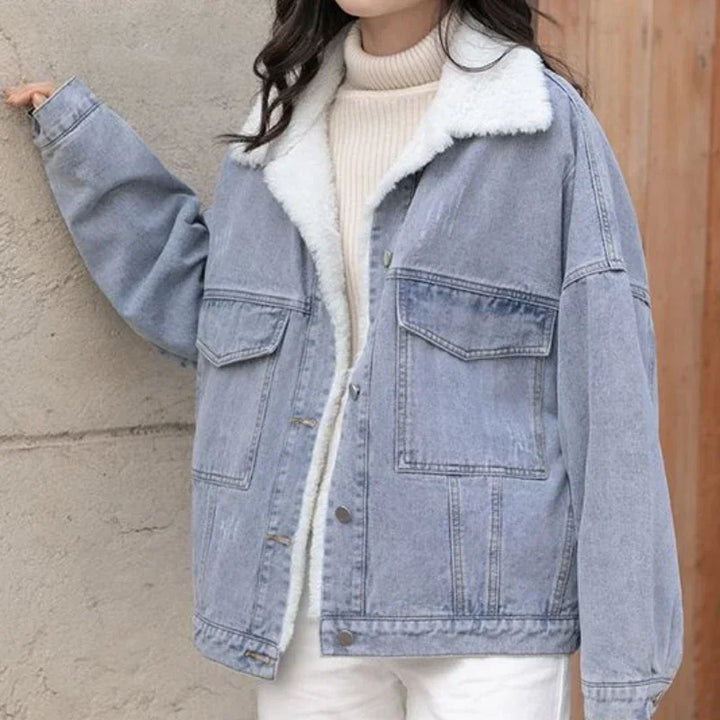Outerwear Wool Inside Plain Warm Blue Denim Jacket for Women with Fur Plush Woman Jean Coat Winter 2025 Cold Padded Korean Outer