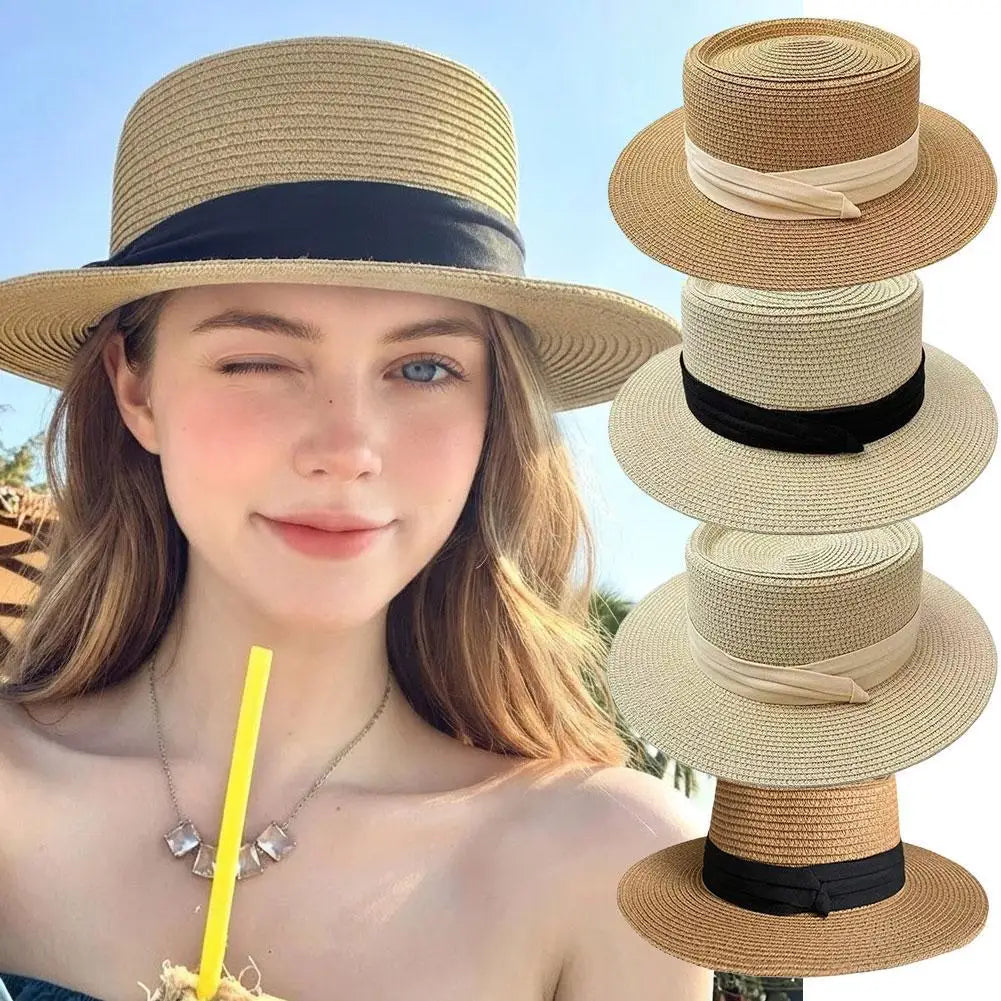 Boater Straw Hat wide brim French elegant square ribbon women&