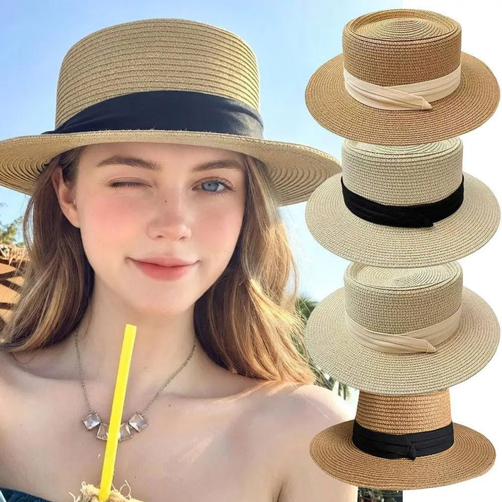 Boater Straw Hat wide brim French elegant square ribbon women&