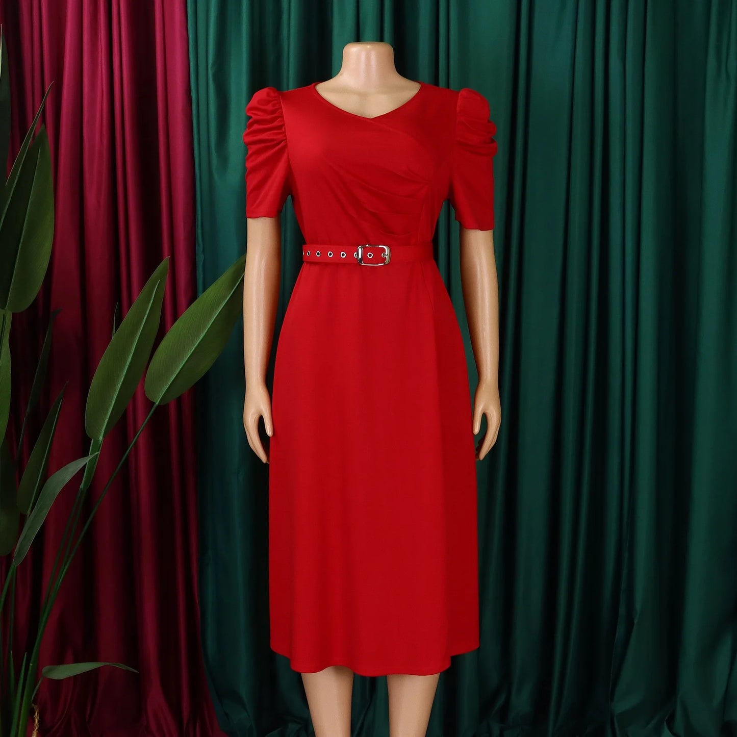 Elegant Party Dresses for Women V Neck Short Sleeve Belt Waisted Pleated Mid Calf Luxury Birthday Dinner Vestidos Mujer Dress OL