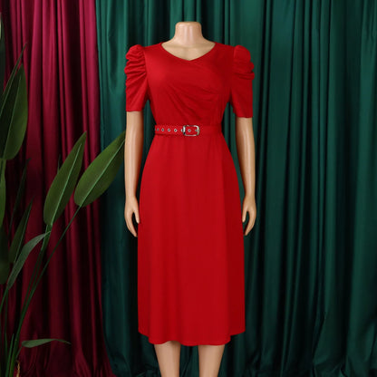 Elegant Party Dresses for Women V Neck Short Sleeve Belt Waisted Pleated Mid Calf Luxury Birthday Dinner Vestidos Mujer Dress OL