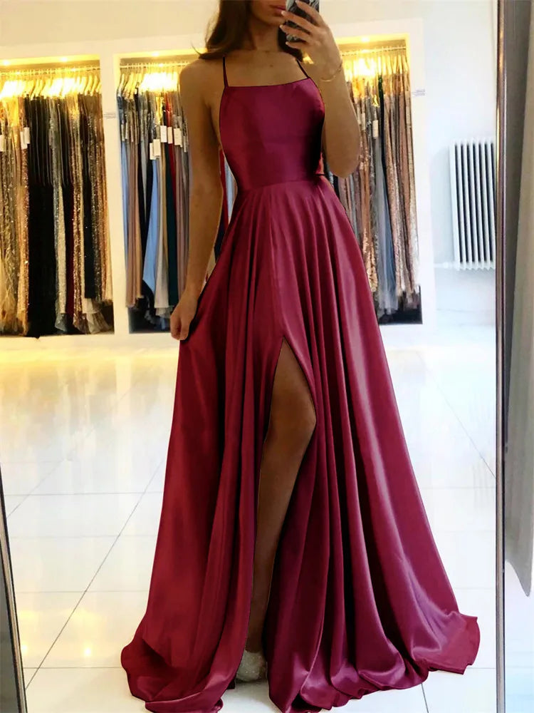 Satin Beach Maxi Women Dress for Christmas Sexy Side Slit Adjustable Straps Evening Prom Dress Cheap Bridesmaid Dresses Sexy cam