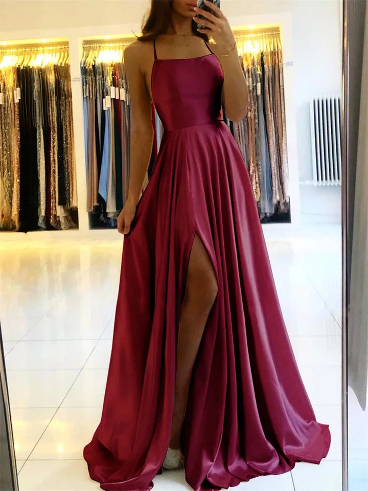 Satin Beach Maxi Women Dress for Christmas Sexy Side Slit Adjustable Straps Evening Prom Dress Cheap Bridesmaid Dresses Sexy cam