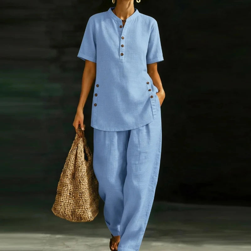 Fashion Cotton Linen Short Sleeve O Neck Button Shirt Wide Leg Pants Suit Women Casual Two Piece Sets Summer Office 2PCS