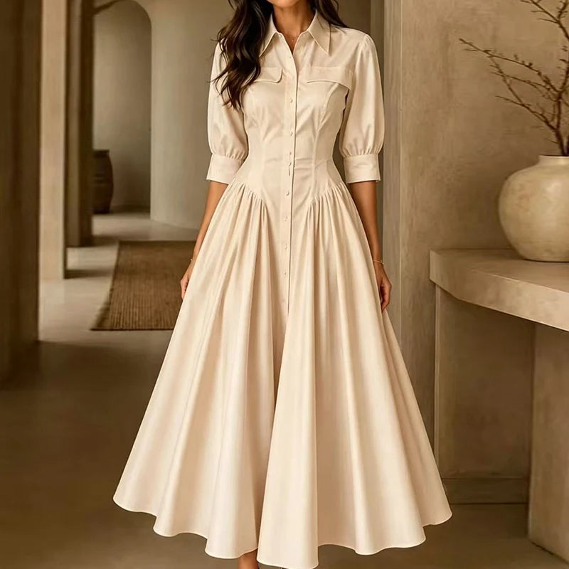 Elegant Women Solid Maxi Dress Single-Breasted Turn-Down Collar Autumn Party Dress Holiday Simple Button Patchwork Casual Dress