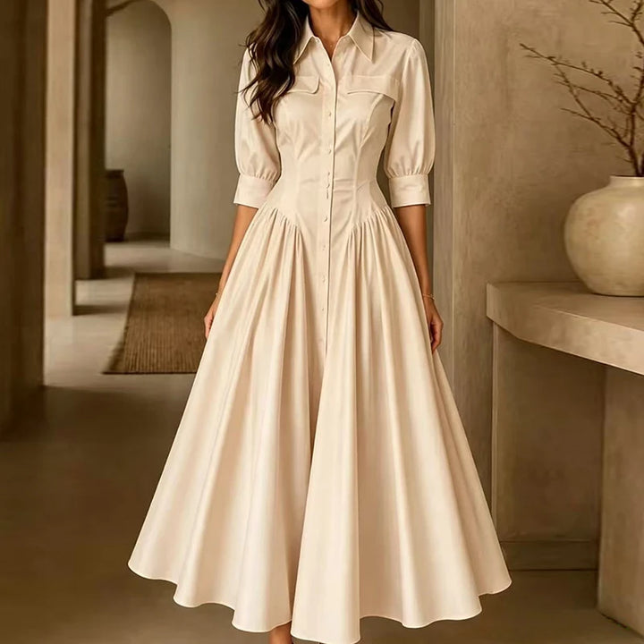 Elegant Women Solid Maxi Dress Single-Breasted Turn-Down Collar Autumn Party Dress Holiday Simple Button Patchwork Casual Dress