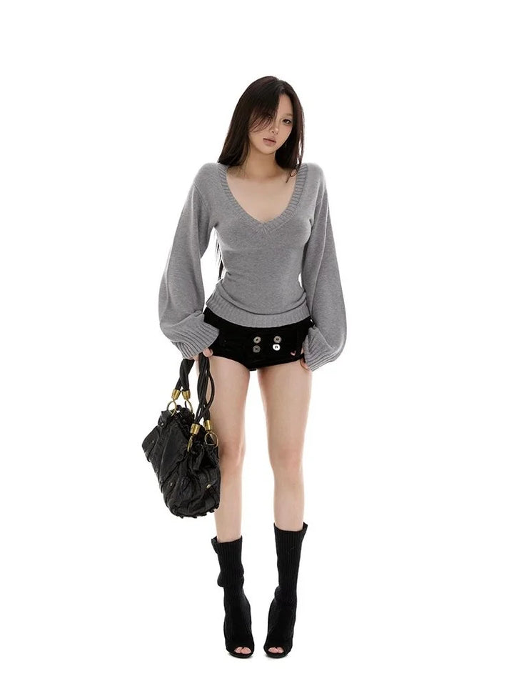 Streetwear Sweater Women Fashion Sexy V Neck Knitted Pullovers Y2K Lantern Long Sleeve Knitwears Spring Autumn Jumpers Top