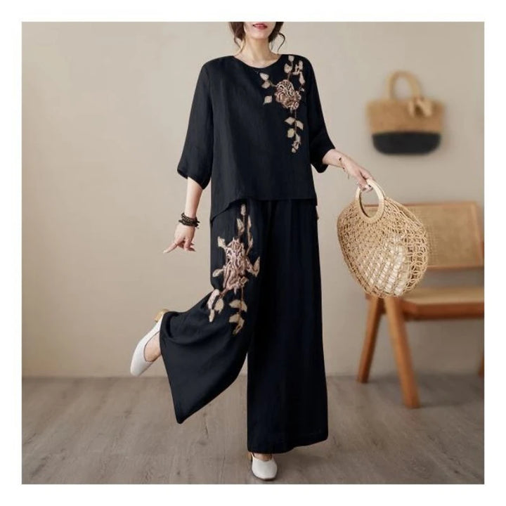Linen Cotton Two Piece Set Women Embroidery Top Wide Leg Pants 2026 Summer Loose Fit Casual Mother Outfit for Daily Wear