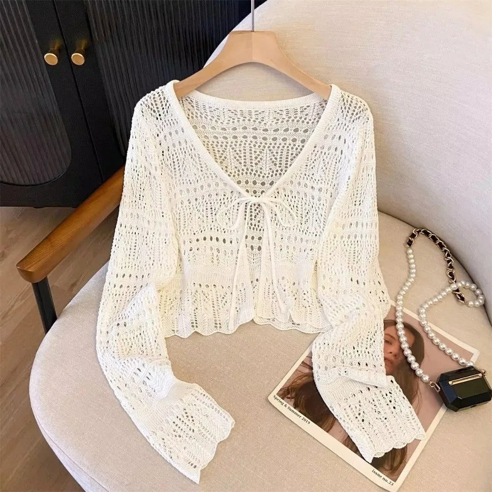 Fashion Hollow Out Knitted Cardigan Thin V-Neck Sun-Proof Tops Long Sleeve Casual Outwear Summer