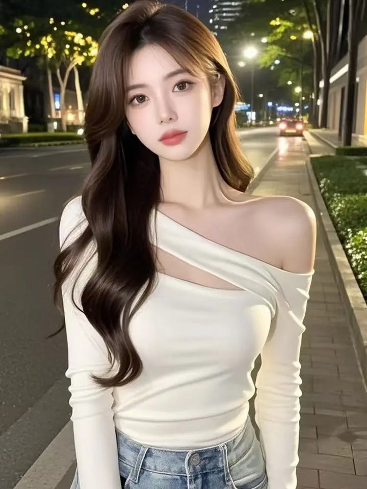 French Off-Shoulder Oblique Collar Long Sleeve Top Women Autumn New Fashion Slimming Versatile T-Shirt