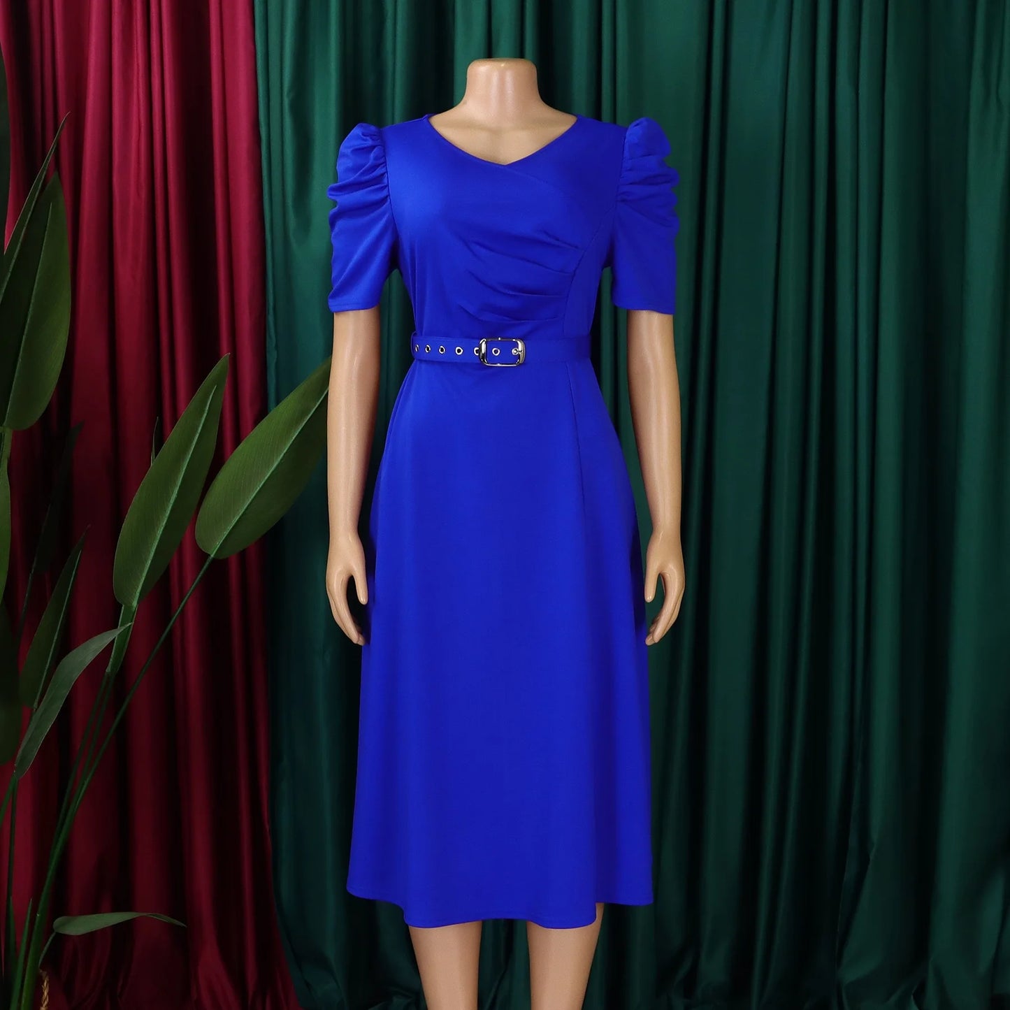 Elegant Party Dresses for Women V Neck Short Sleeve Belt Waisted Pleated Mid Calf Luxury Birthday Dinner Vestidos Mujer Dress OL
