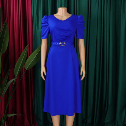 Elegant Party Dresses for Women V Neck Short Sleeve Belt Waisted Pleated Mid Calf Luxury Birthday Dinner Vestidos Mujer Dress OL