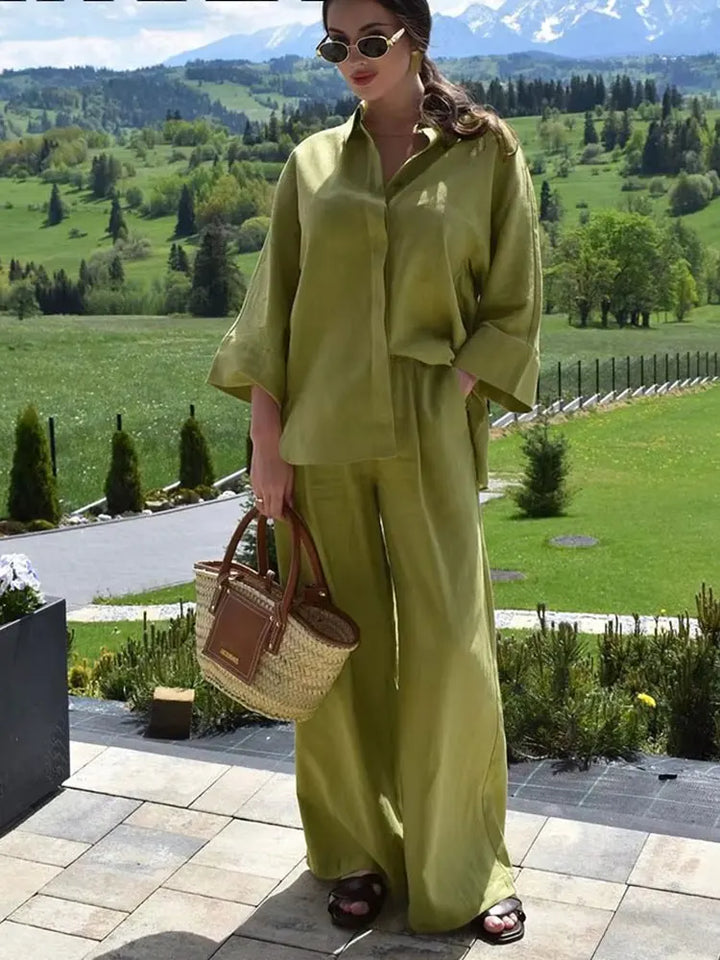HH Women Casual Solid Blouse Pant Sets Loose Long Sleeve Lapel Shirts Elastic Waist Wide Leg Trousers Office Lady Suit