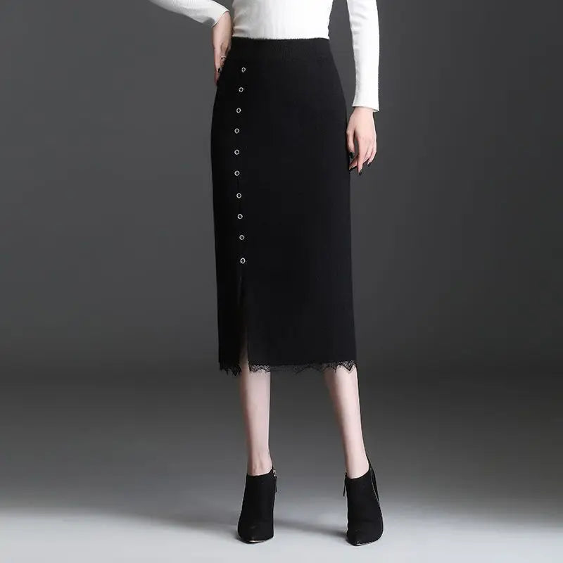 Women Knit Midi Skirt Button Decor Front Slit Lace Hem High Waist Straight Mid Length Skirt