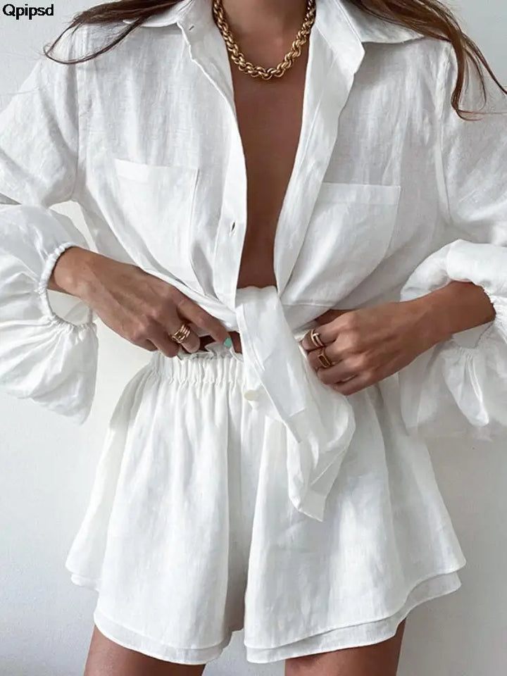 Women Casual Shirt Shorts Two Piece Summer New Fashion Personality Long Sleeved Shirt Loose Shorts Lady Simple Solid Color Suit