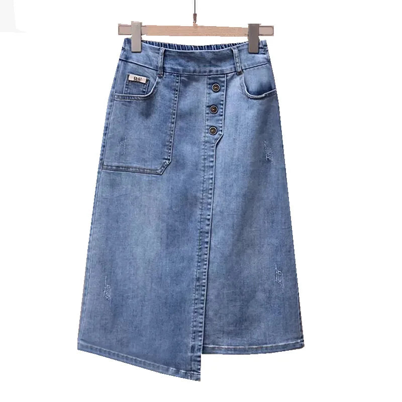 Fashion Asymmetrical Denim Midi Skirt With Belt Women Summer Vintage Jeans Pencil Skirt Elastic Back High Waist Women Midi Skirt
