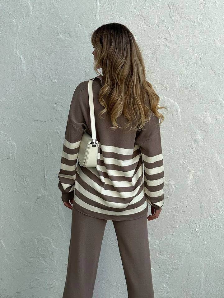 Casual Knit Tracksuit Women Two Piece Set 2 Piece Striped Sweater Matching Sets Loungewear Knitted Two Piece Sets For Women 2024