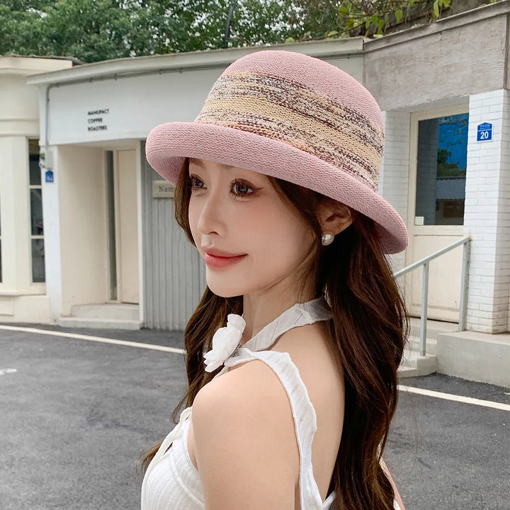 Straw  Fedora Hat  Bowler hat Short Brim Wool Felt Panama Cap  Sun Summer Hemming  Beach Hat for Women