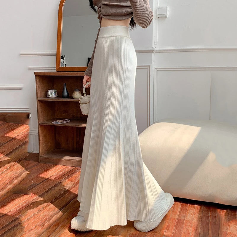 Sexy Hip-Wrapped Knitting Long Skirt for Women Elegant Elastic High Waist Mermaid Skirts Woman Pleated A Line Midi Skirt Ladies