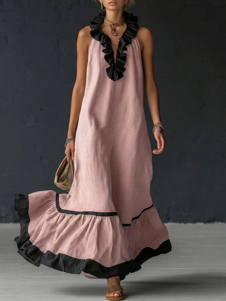 Fashion Patchwork Maxi Dress for Woman V Neck Stringy Selvedge Ruffle Flowy Long Dresses 2026 Summer Beach Vacation Sundress