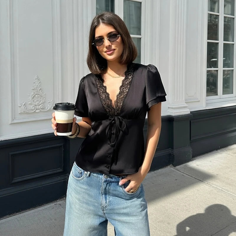 Satin Lace V-Neck T-shirt Top For Women Summer Lace-Up Hollow Out Short Sleeve Cropped Tops Pullover Female Bandage Tops Tee