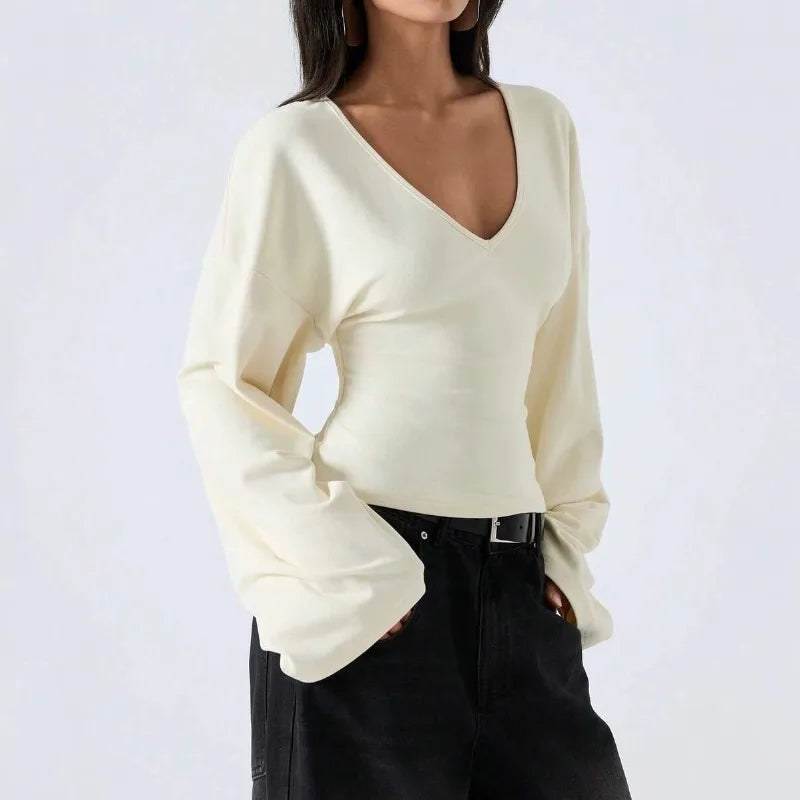 Women V Neck Flare Long Sleeve Crop Top Slim Fit Basic T Shirt Casual Y2K Streetwear Elegant Daily Fashion Blouse Tops