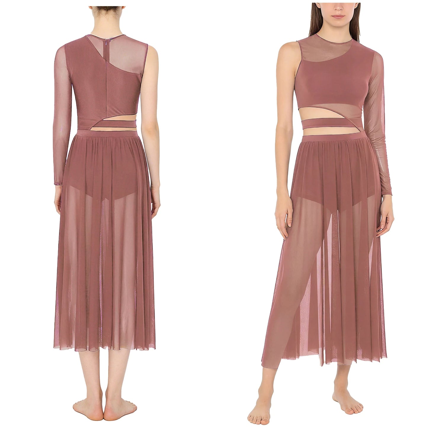 Womens Modern Lyrical Contemporary Dance Costume Cutout Round Neck Dress Side Split Sheer Mesh Dresses Performance Outfits