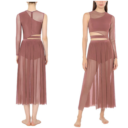 Womens Modern Lyrical Contemporary Dance Costume Cutout Round Neck Dress Side Split Sheer Mesh Dresses Performance Outfits