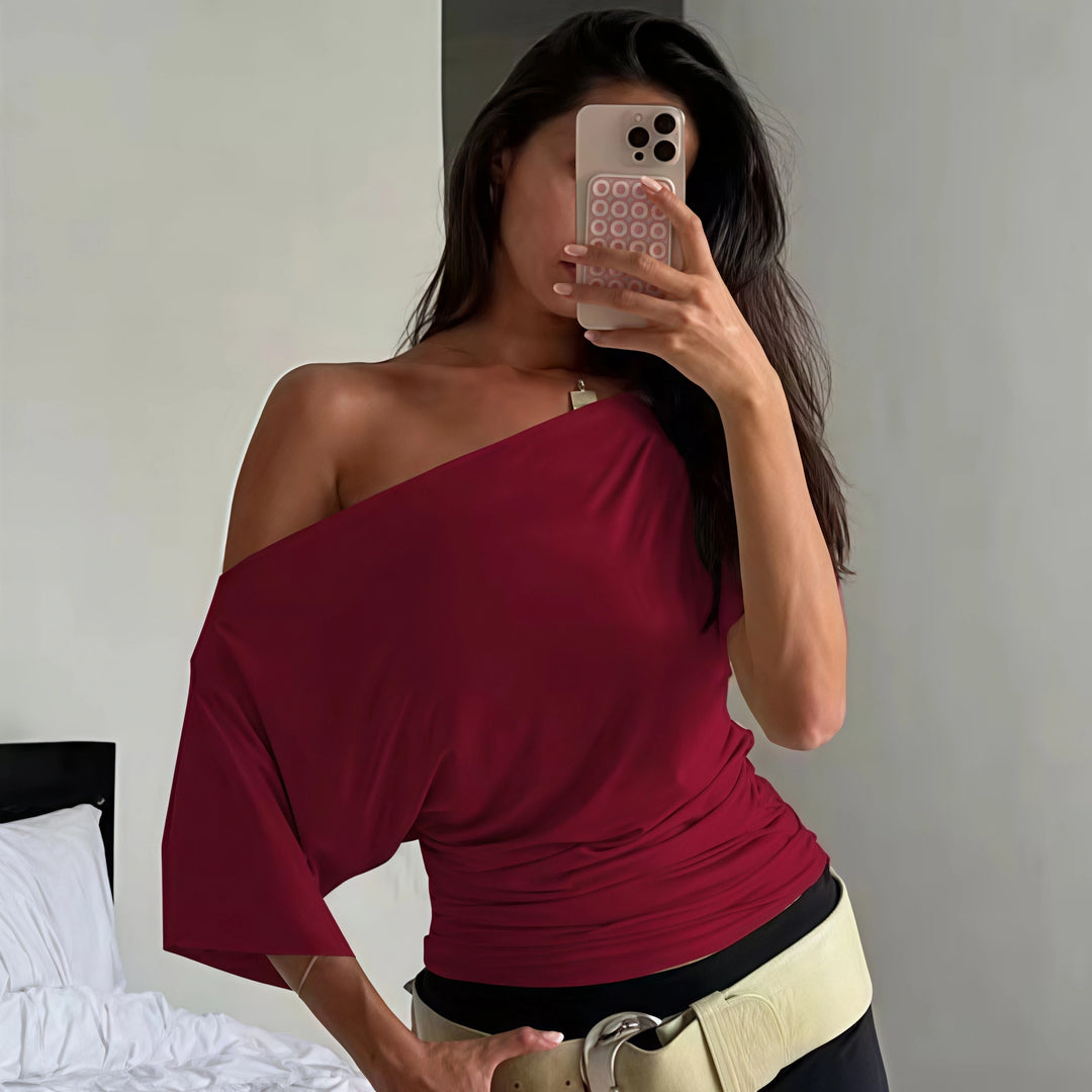 Women One‑Off‑Shoulder Satin T‑Shirt Waist Ruched Slim Fit Crop Top Solid Color Slanted Shoulder Y2K Casual Women Tees Tops