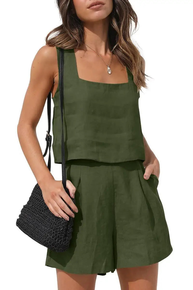 2025 New 2-piece Leisure Suit Linen Shorts Sleeveless Top Vest  Tweed Set  Sets Womens Outfits  Two Piece Set Women
