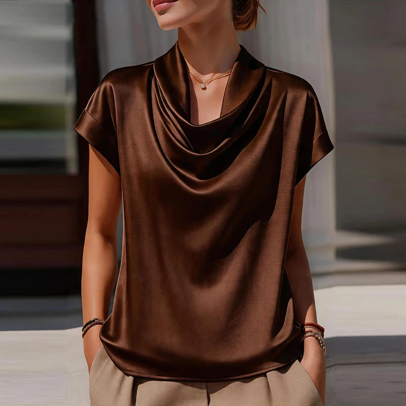 Summer Satin Cowl Neck Short Sleeve Blouse Women Fashion Solid Color Silk Shirts For Women Summer Loose Tee Office Lady Tops