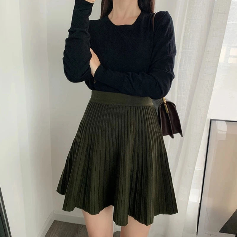 Knitted Solid Midi Skirt for Women Spring Autumn New Korean All-match High Waist Fashion A-line Skirt Vintage Elegant Clothing