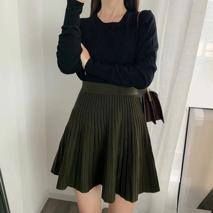Knitted Solid Midi Skirt for Women Spring Autumn New Korean All-match High Waist Fashion A-line Skirt Vintage Elegant Clothing