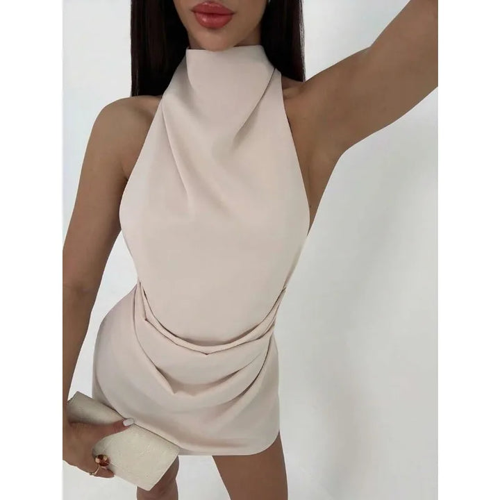 Satin Mini Dress Women High Neck Backless Sleeveless Wrap Short Dress Elegant Solid Color Cocktail Party Club Evening Outfit