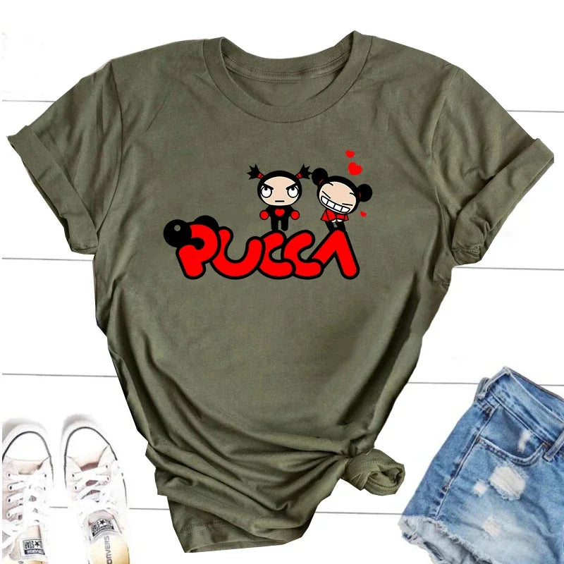 Pucca Love Garu T-shirts Women Funny Cute Cartoon T Shirts 90s Streetwear Cotton Short Sleeve Graphic Tees Kawaii Clothes