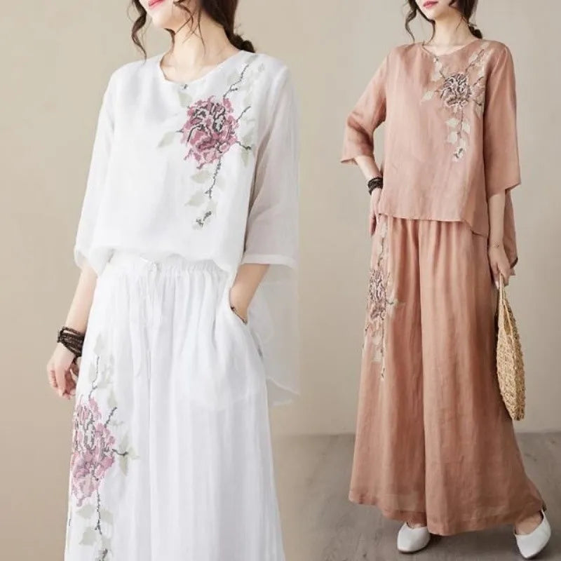 Linen Cotton Two Piece Set Women Embroidery Top Wide Leg Pants 2026 Summer Loose Fit Casual Mother Outfit for Daily Wear