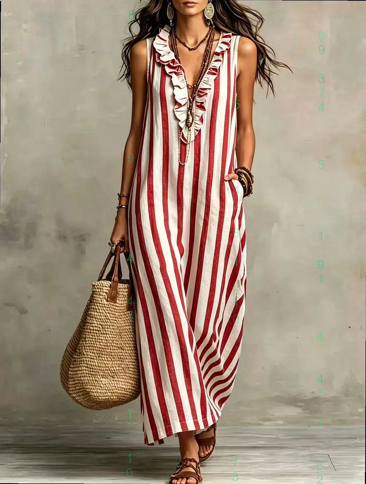 Bohemian Stripe V Neck Linen Maxi Dress Summer Casual Long Dresses