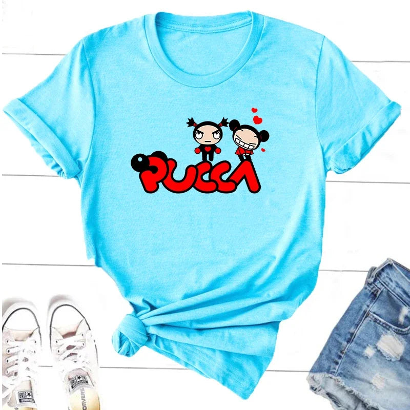 Pucca Love Garu T-shirts Women Funny Cute Cartoon T Shirts 90s Streetwear Cotton Short Sleeve Graphic Tees Kawaii Clothes