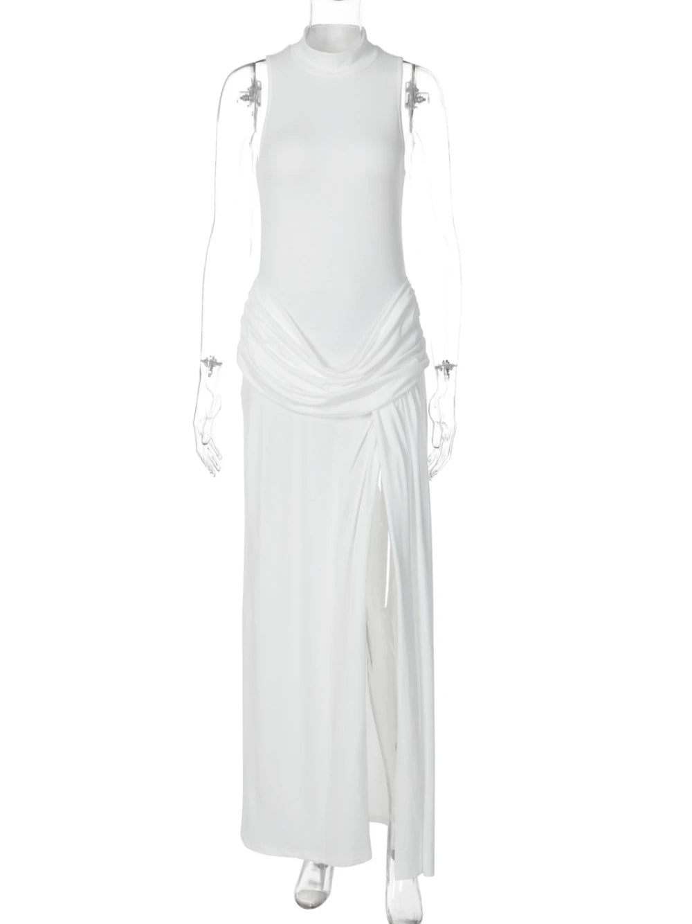 Sexy White High Slit Evening Party Dress High Neck Sleeveless Draped Bodycon Maxi Dress For Women Cocktail Club Date Night