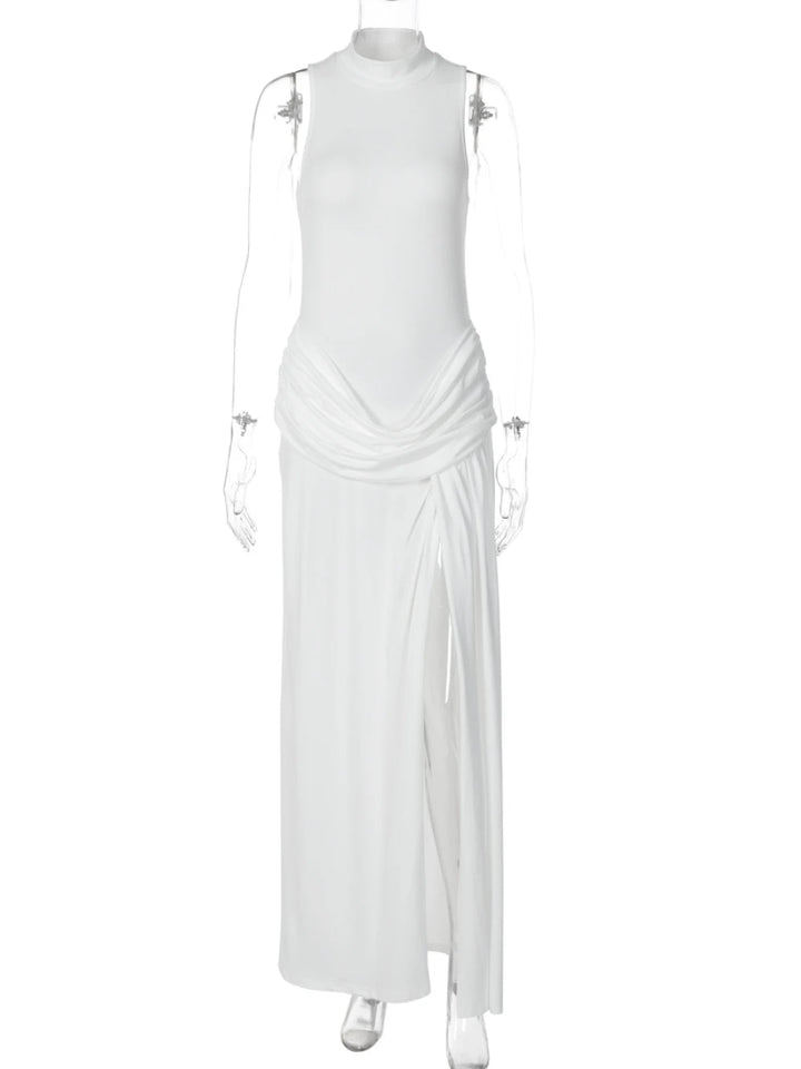 Sexy White High Slit Evening Party Dress High Neck Sleeveless Draped Bodycon Maxi Dress For Women Cocktail Club Date Night