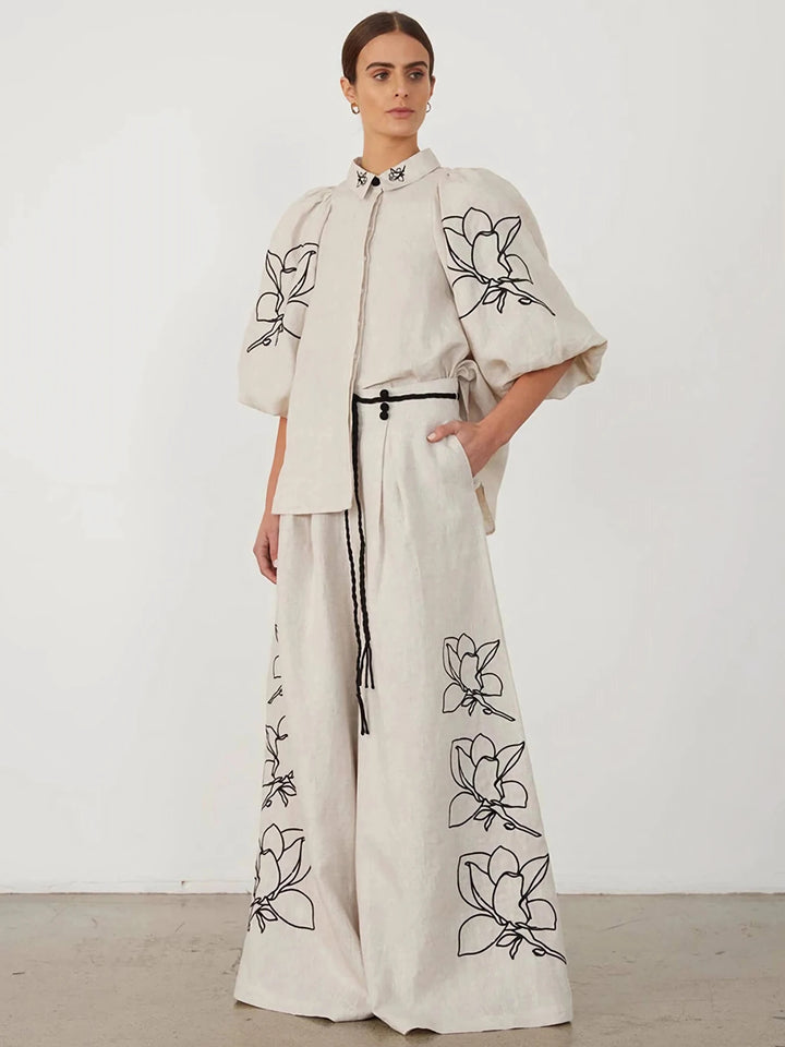 Cotton Linen Women Elegant Two Piece Set Loose Half Sleeve Embroidered Shirt &amp; Wide Leg Pants Set Casual Outfits Streetwear